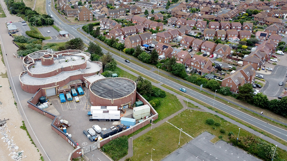Water treatment works at Langney Point, known as Poo Castle.